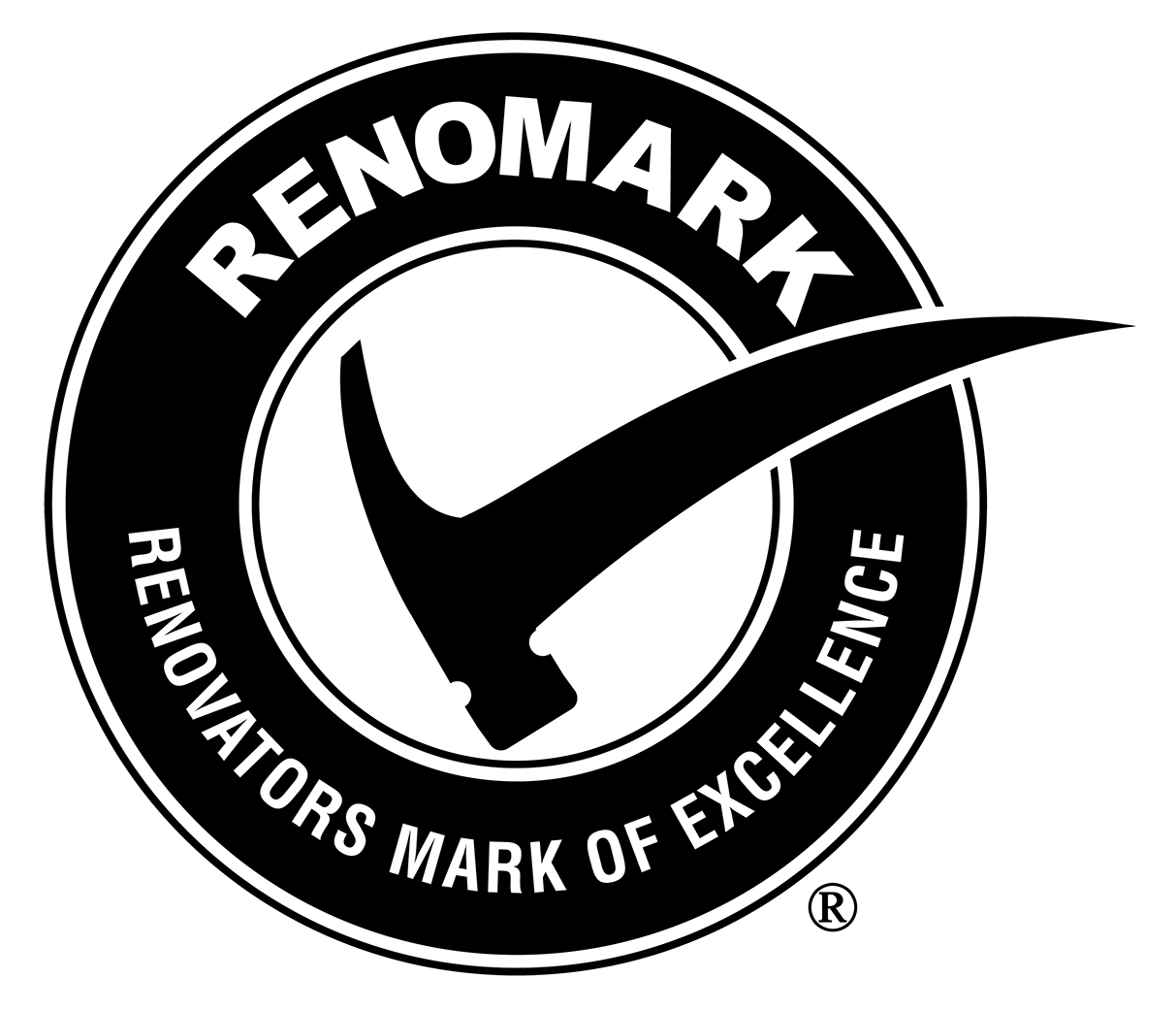 RENO MARK logo with a black circle and checkmark hammer, “Innovators Mark of Excellence” text
