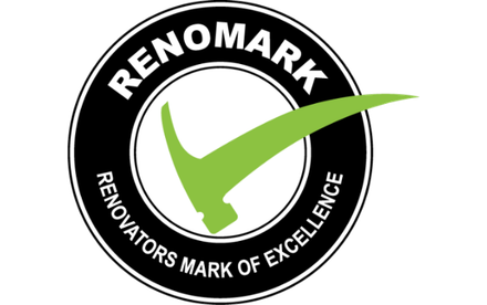 Renomark logo with a hammer inside a black circle and the words “Renovators Mark of Excellence”