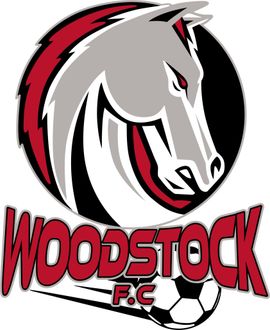 Woodstock F.C. logo with a stylized white horse head and red-and-black text over a soccer ball