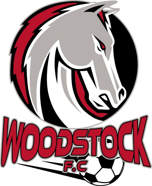 Woodstock F.C. logo with a gray horse head and red-and-black text over a soccer ball