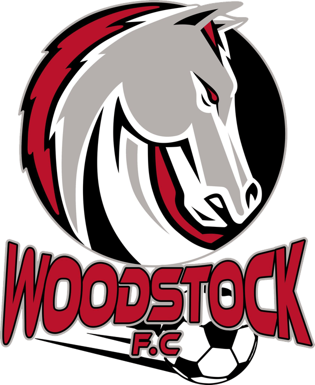 Woodstock F.C. logo with a gray horse head and red-and-black text over a soccer ball