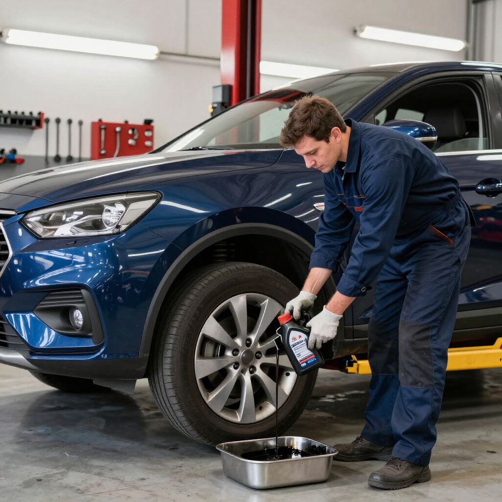 A mechanic wearing a blue uniform uses a tire balancing machine to service a vehicle wheel in an auto repair shop.