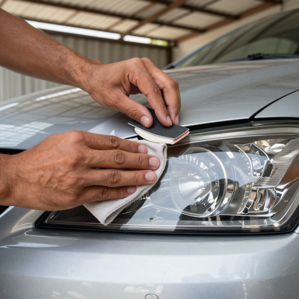 Hands wiping and polishing a silver car headlight with a cloth inside a garage