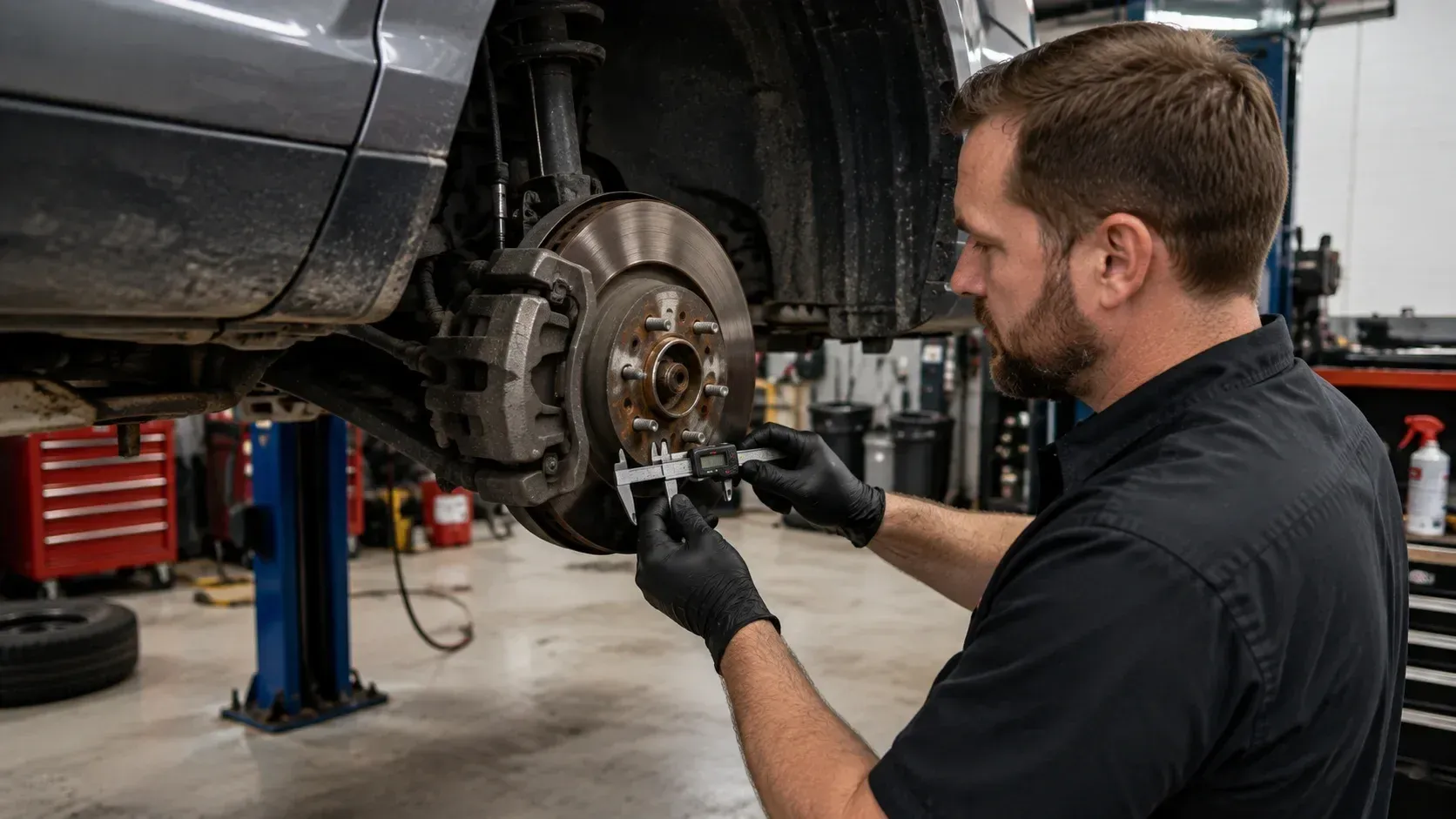 Mechanic measuring brake rotor thickness: get your brakes inspected by a qualified technician.