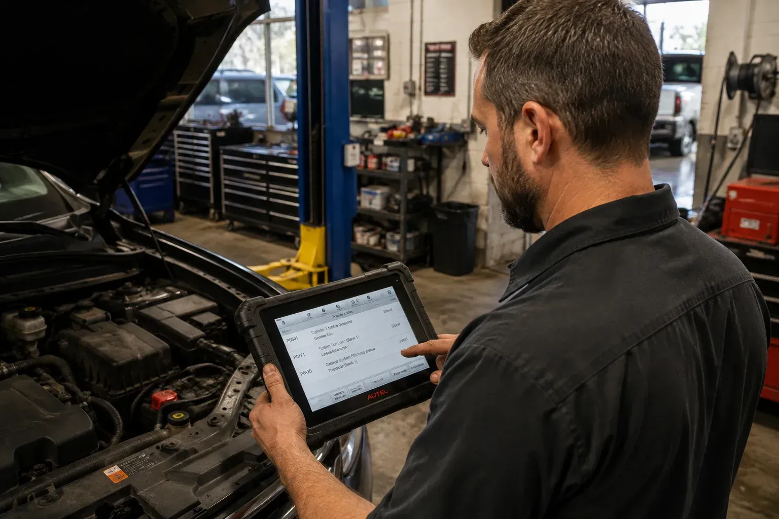 What does it mean when your check engine light comes on: mechanic running diagnostics.