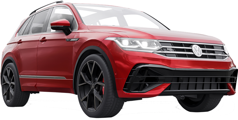 Red Volkswagen SUV with black wheels.