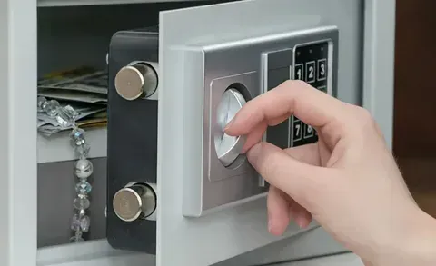 Person opening a small gray safe with a digital keypad and a knob. Inside are jewelry and cash.