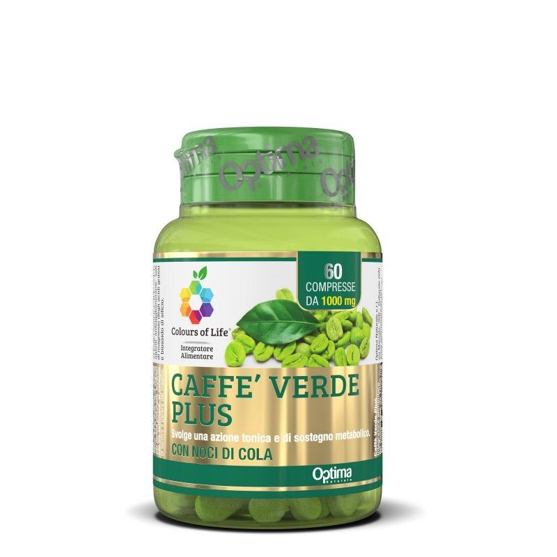Flacone verde di integratore alimentare Caffè Verde Plus con 60 capsule su sfondo bianco.