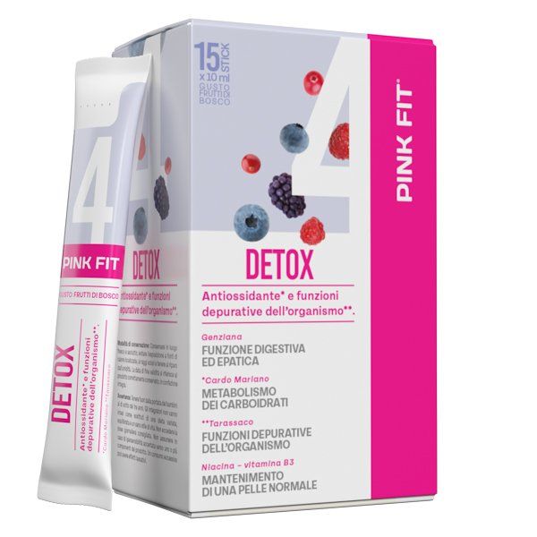 Integratore alimentare Pink Fit Detox, disponibile in confezione da 150 ml (bianco, rosa e argento).