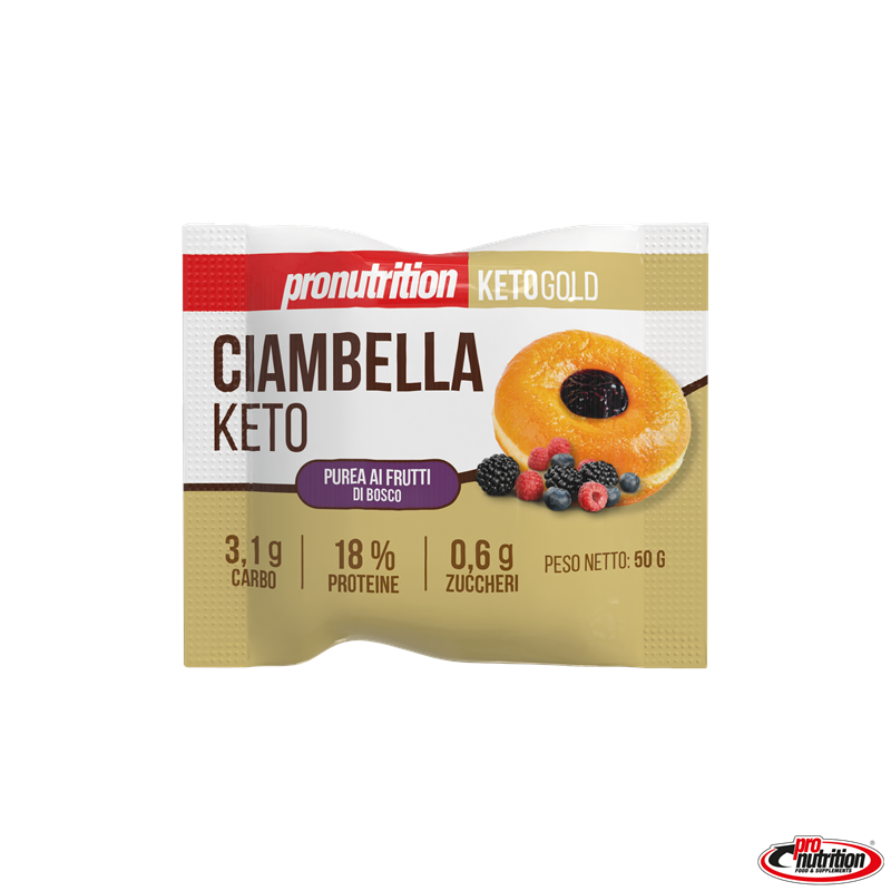 Confezione di Ciambella Keto con fetta di torta dorata, frutti di bosco e informazioni nutrizionali su sfondo beige.