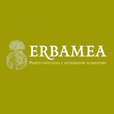 Logo ERBAMEA in bianco su sfondo verde oliva con emblema vegetale e testo del sottotitolo.