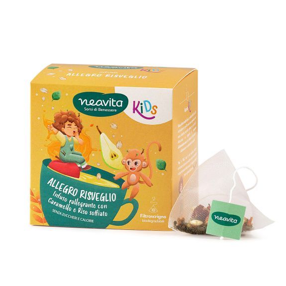 Scatola di tè Neavita Kids con tazza verde illustrata, confezione giallo-arancione e bustina di tè accanto.