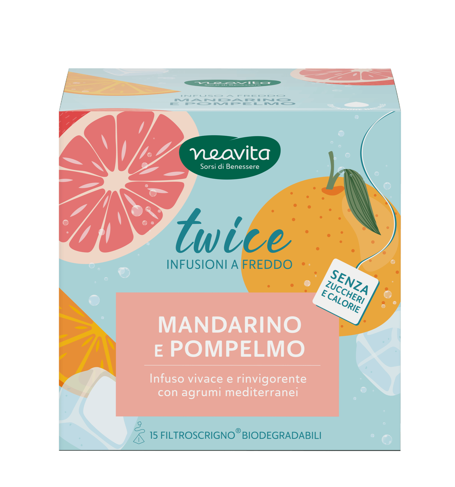Confezione di tisana Neavita al mandarino e pompelmo, nei colori azzurro pastello e pesca.
