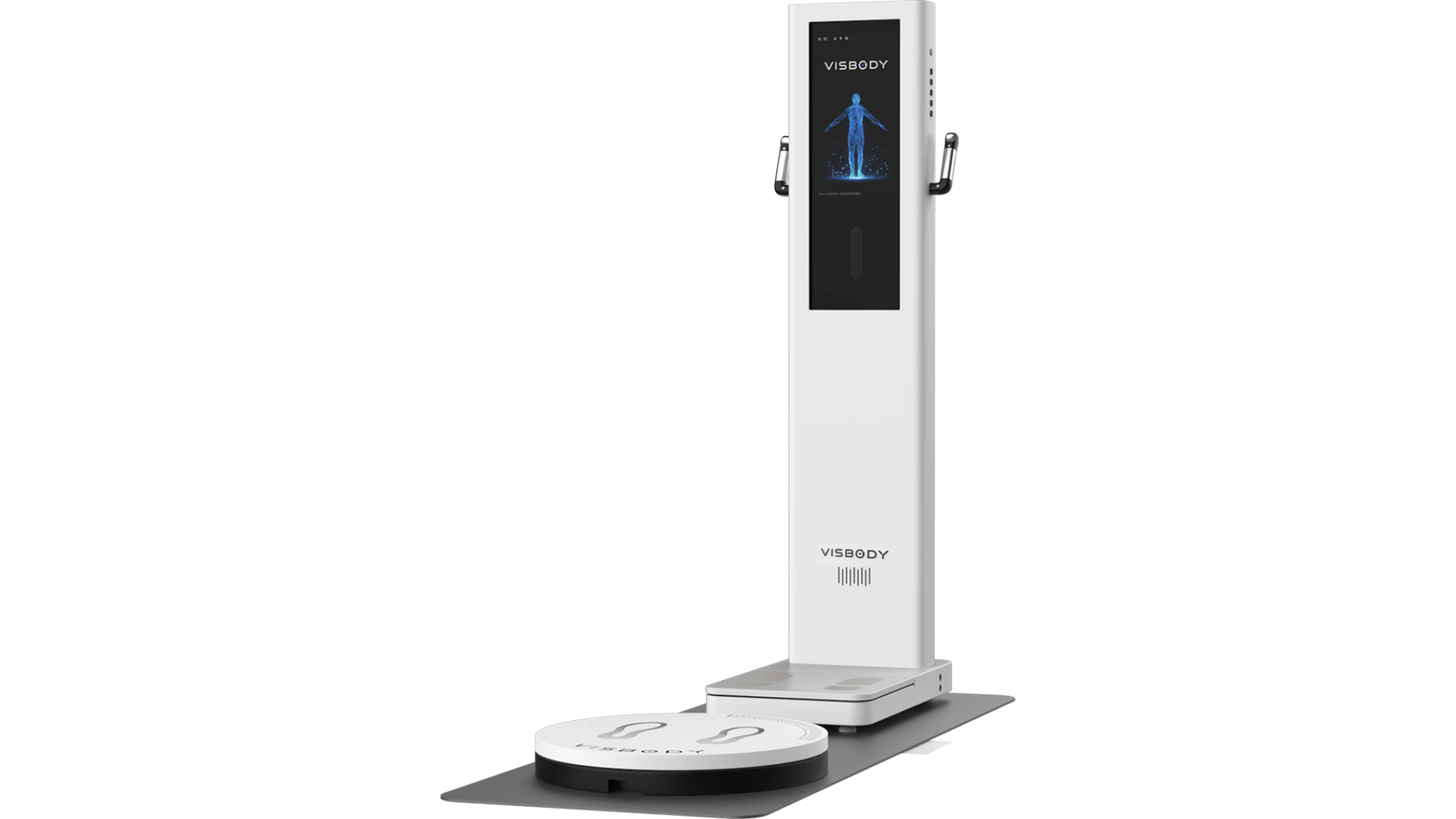 Analizzatore di composizione corporea medicale bianco con touch screen e pedane poggiapiedi su una base