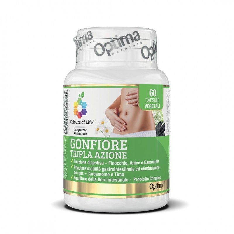 Flacone bianco di integratore alimentare Optima “Gonfi Tripla Azione” con etichetta verde e immagine di una mela.