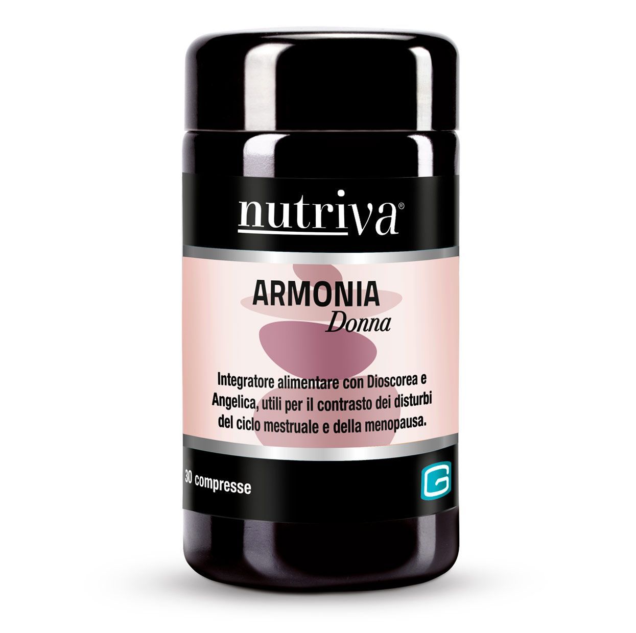 Flacone di integratore alimentare Nutriva Armonia Donna, confezione nera e rosa con etichetta bianca.