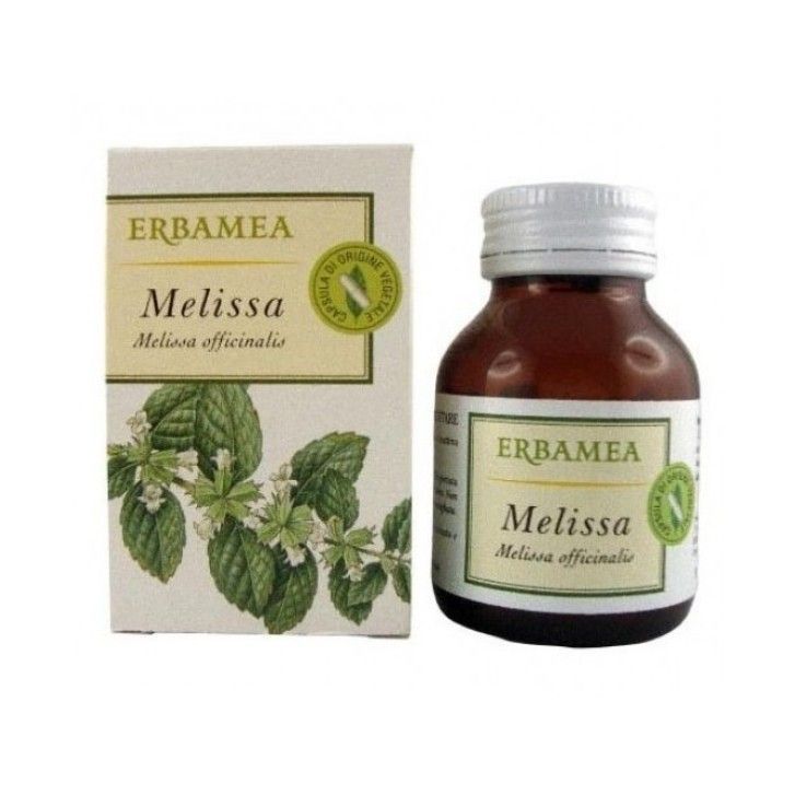 Scatola e flacone marrone di integratore alimentare a base di erbe Erbamea Melissa con foglie verdi su sfondo bianco.