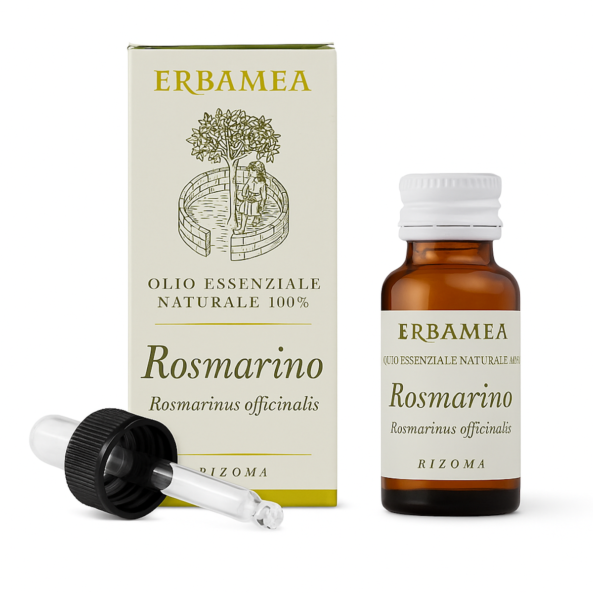 Scatola e flacone con contagocce per olio essenziale di rosmarino Erbamea, confezione ambrata su sfondo bianco.