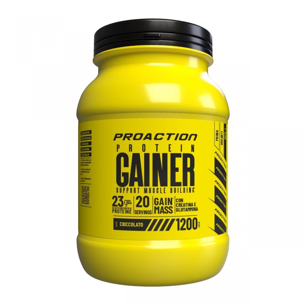 Barattolo giallo di integratore proteico Proaction Protein Gainer con coperchio nero su sfondo bianco.
