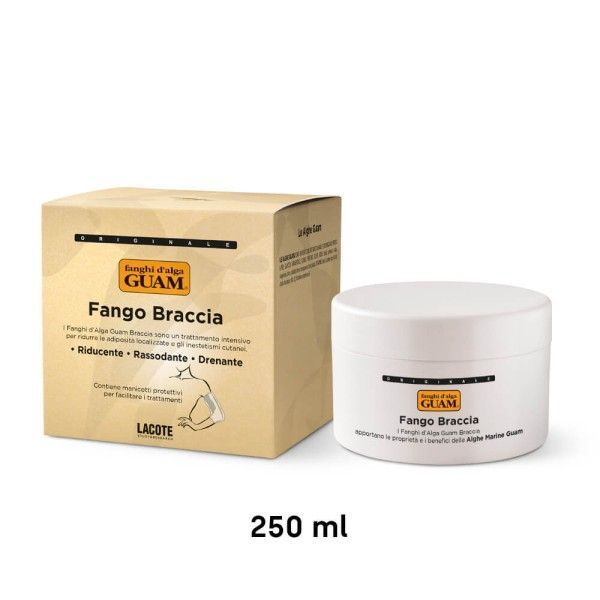 Maschera corpo Garnier Ambre Solaire “Fango Braccia” in confezione e vasetto, 250 ml, su sfondo bianco.