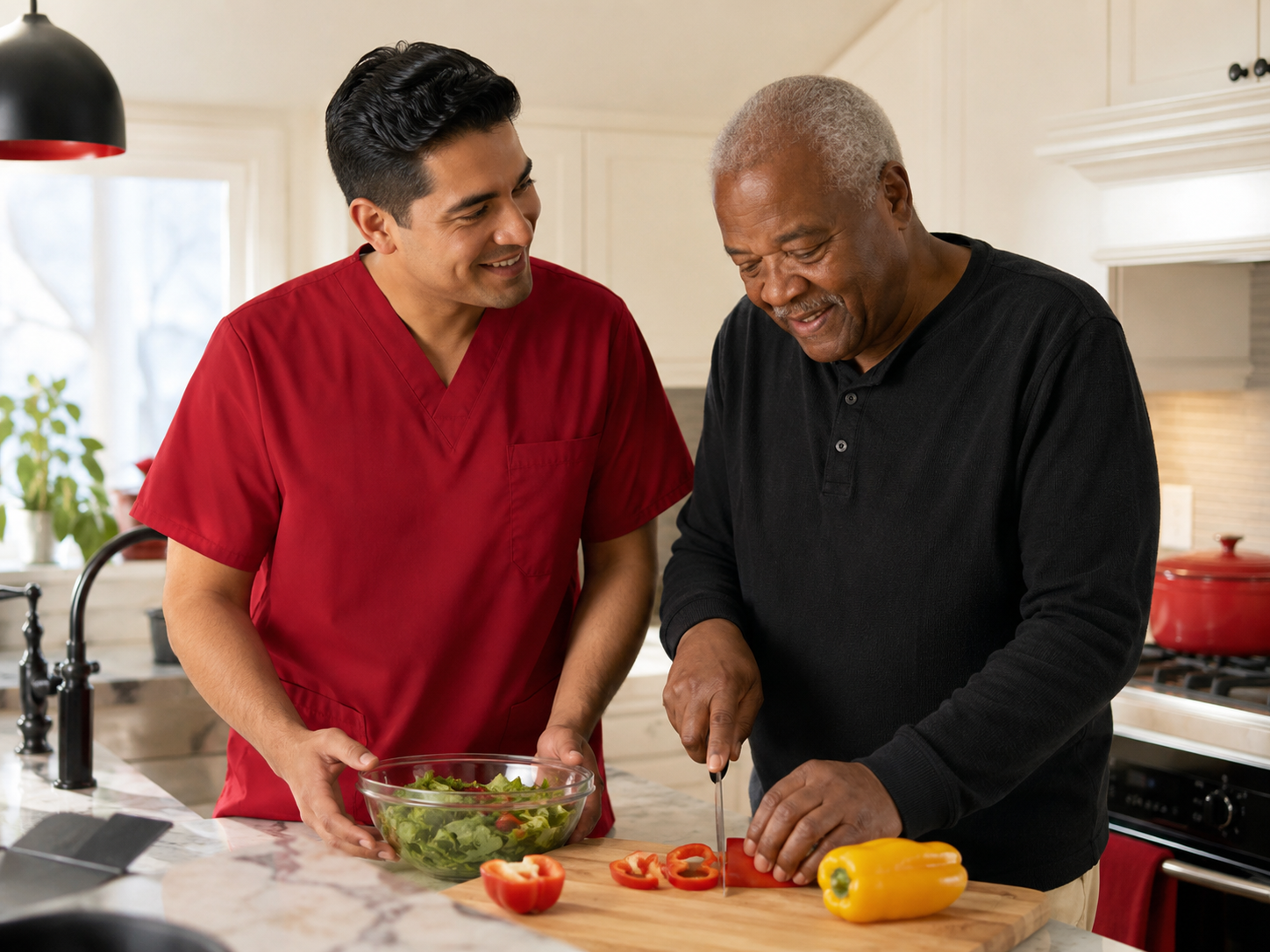 Two people preparing vegetables together in a bright kitchen, smiling at the counter. Two people preparing vegetables together in a bright kitchen, smiling at the counter.