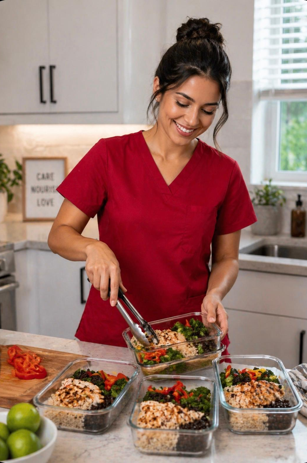 Person in red scrubs portioning salad into meal prep containers in a kitchen