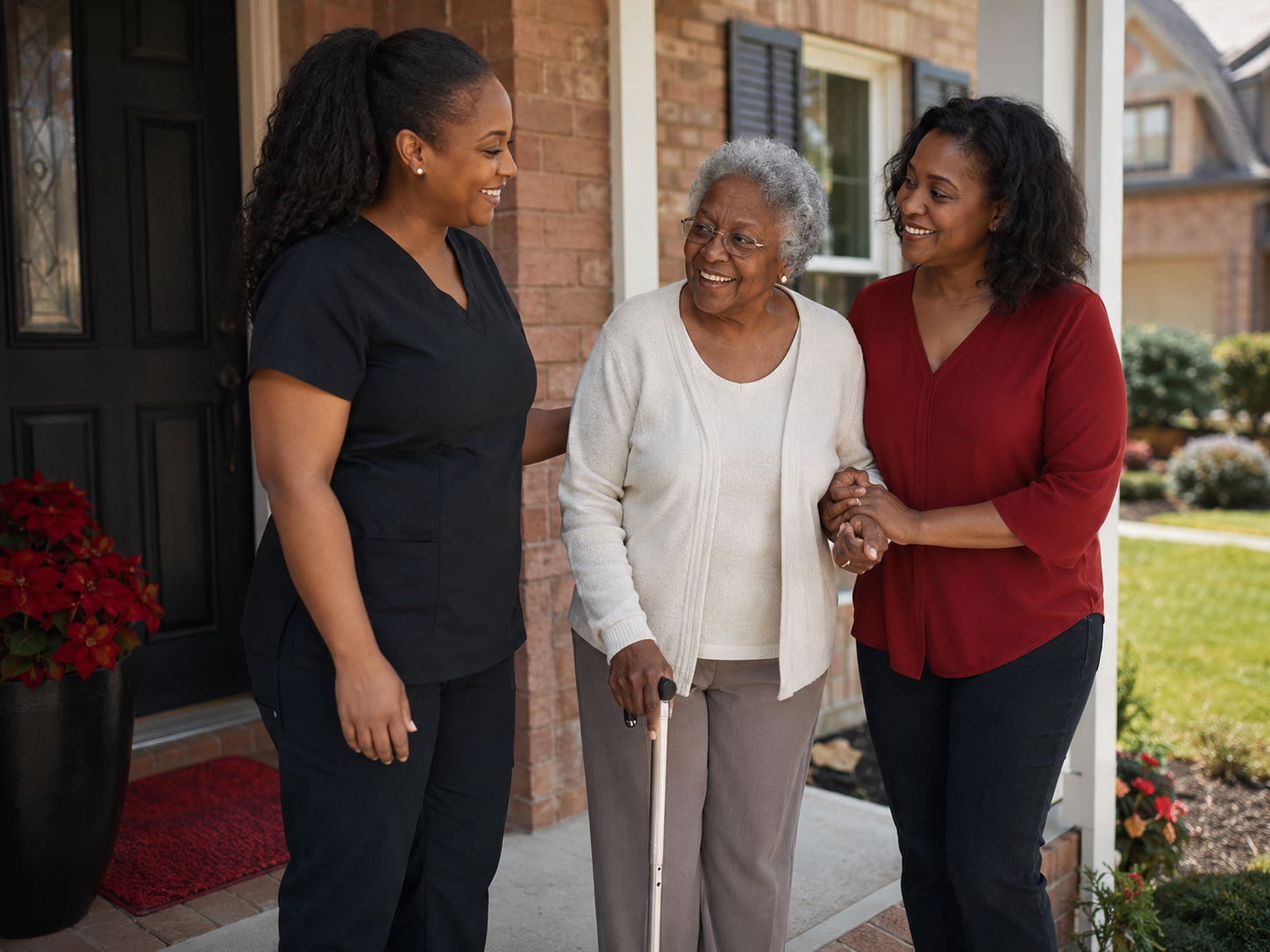 Three women smiling on a porch, one using a cane, with a home entrance behind them Three women smiling on a porch, one using a cane, with a home entrance behind them