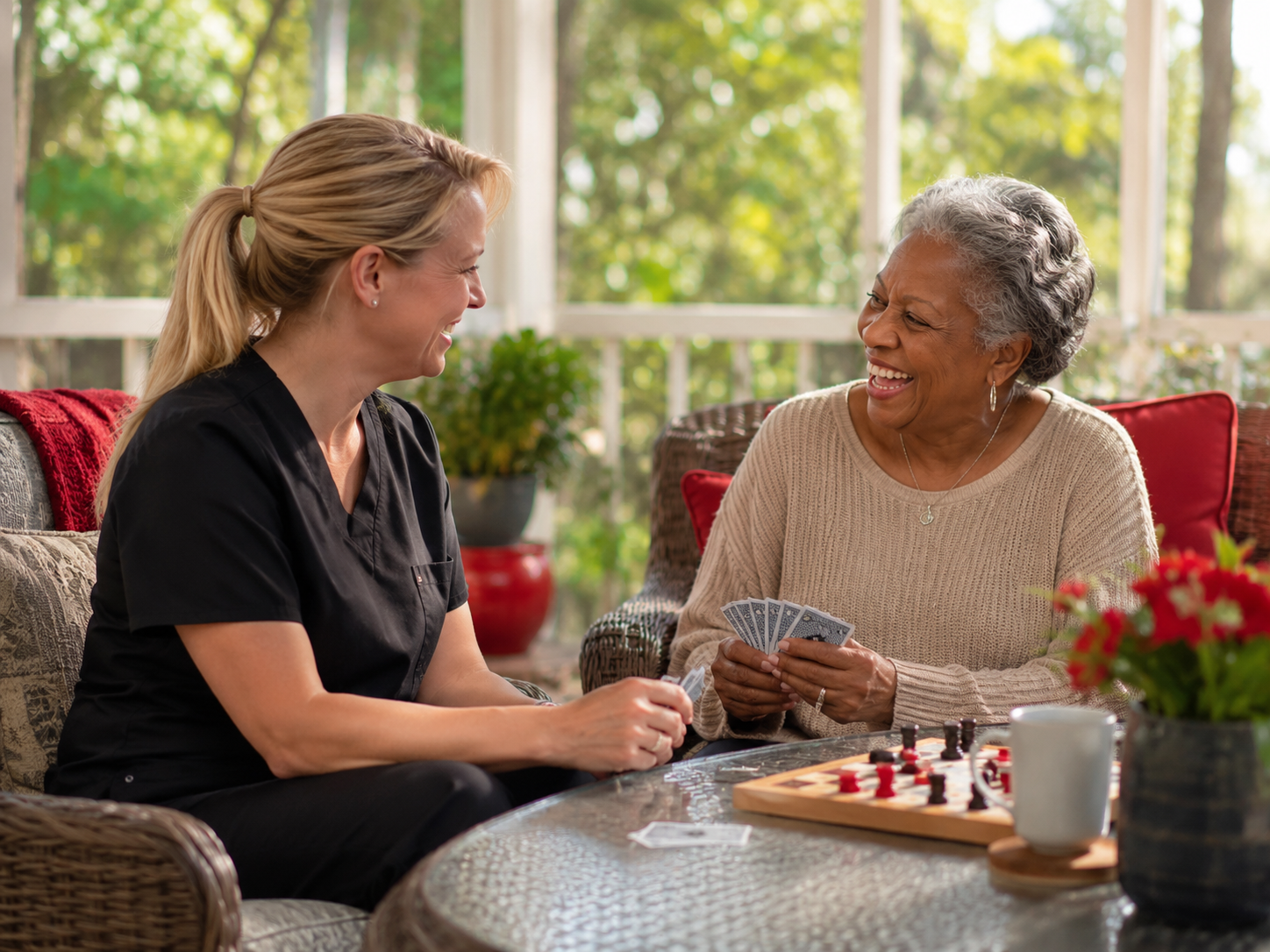 Two women sit chatting on a red couch with a chessboard and cups on a bright patio. Two women sit chatting on a red couch with a chessboard and cups on a bright patio.