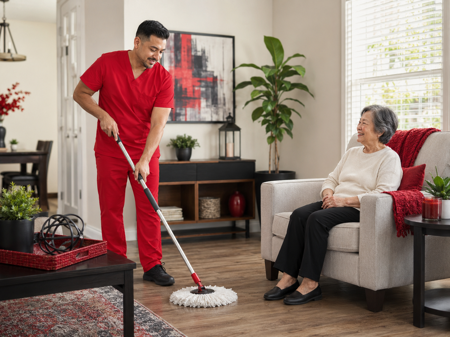 Person mopping a living room floor with a gray mop and bucket nearby Person mopping a living room floor with a gray mop and bucket nearby