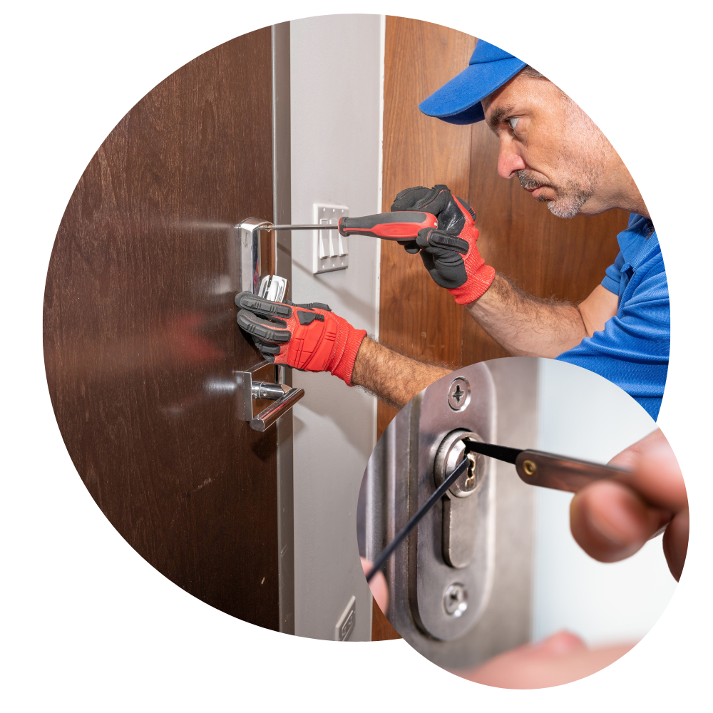 Locksmith using tools to repair a door lock. A close-up shows lock picking with a thin tool.