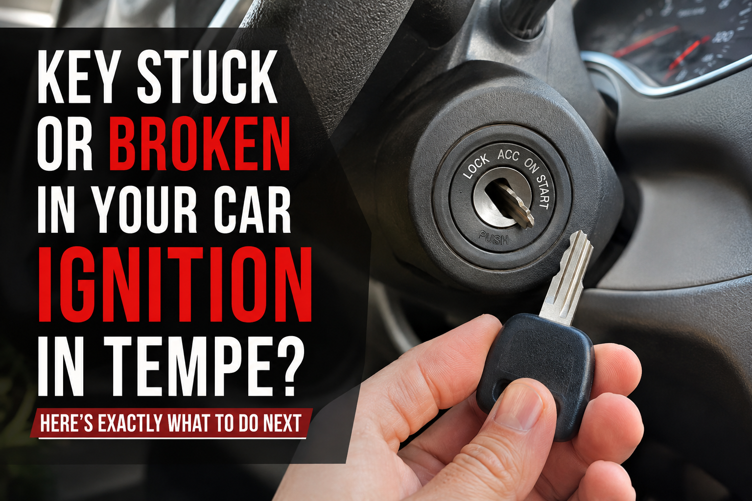 Key stuck in car ignition with hand holding a black remote key fob; text says “Key stuck or broken in your car ignition in Tempe?”