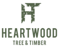 Heartwood Tree & Timber logo: green stylized "HT" symbol above text.