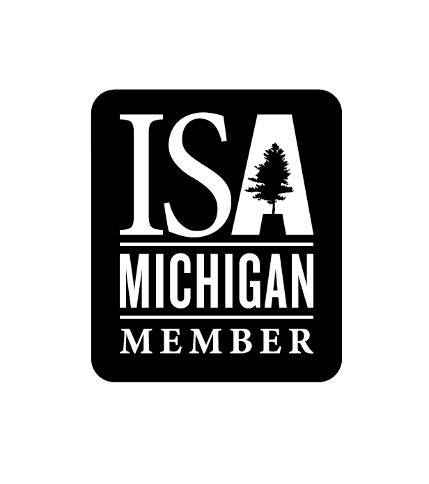 Black and white ISA Michigan Member logo:  ISA initials with a tree inside a box, 
