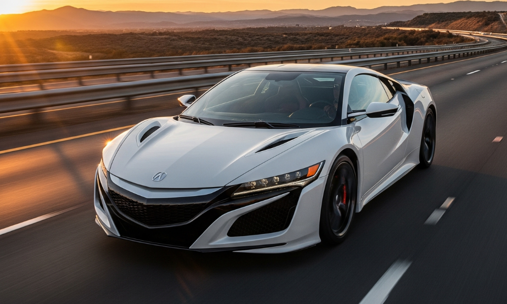 Acura performance coupe driving on highway at sunset