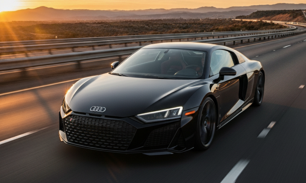 Audi R8 sports car driving on highway at sunset