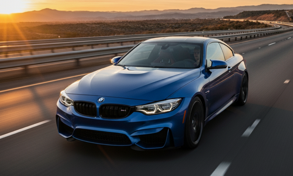 BMW performance coupe driving on highway at sunset
