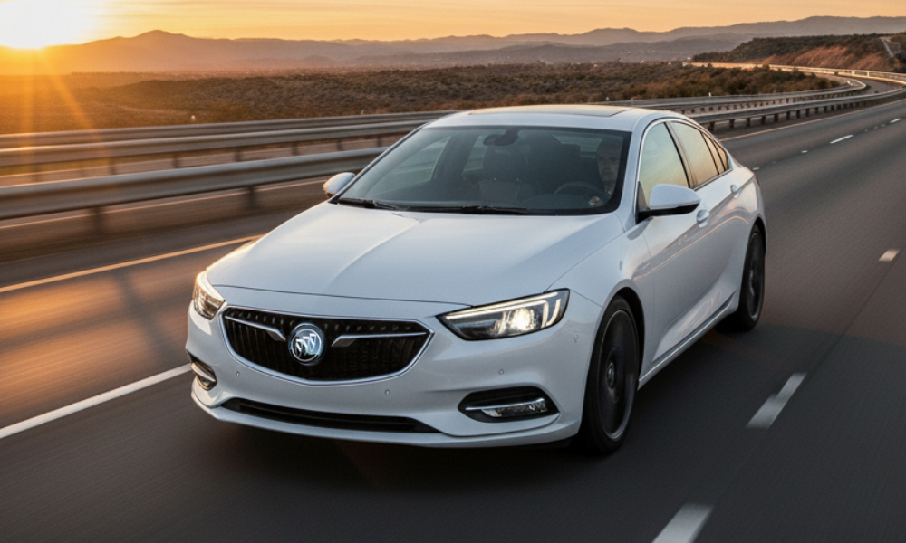 Buick sedan driving on highway at sunset