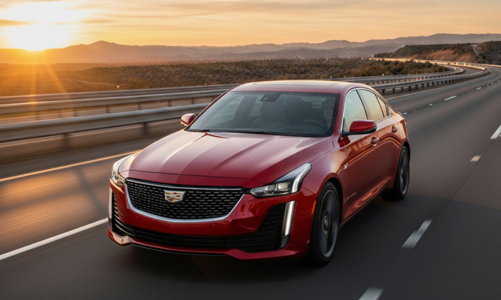 Cadillac sedan driving on highway at sunset
