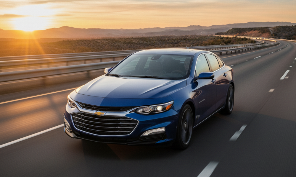 Chevrolet sedan driving on highway at sunset
