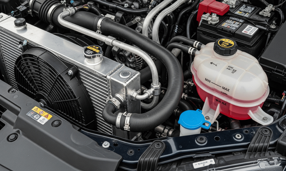 Vehicle engine bay showing radiator and coolant reservoir componentsL