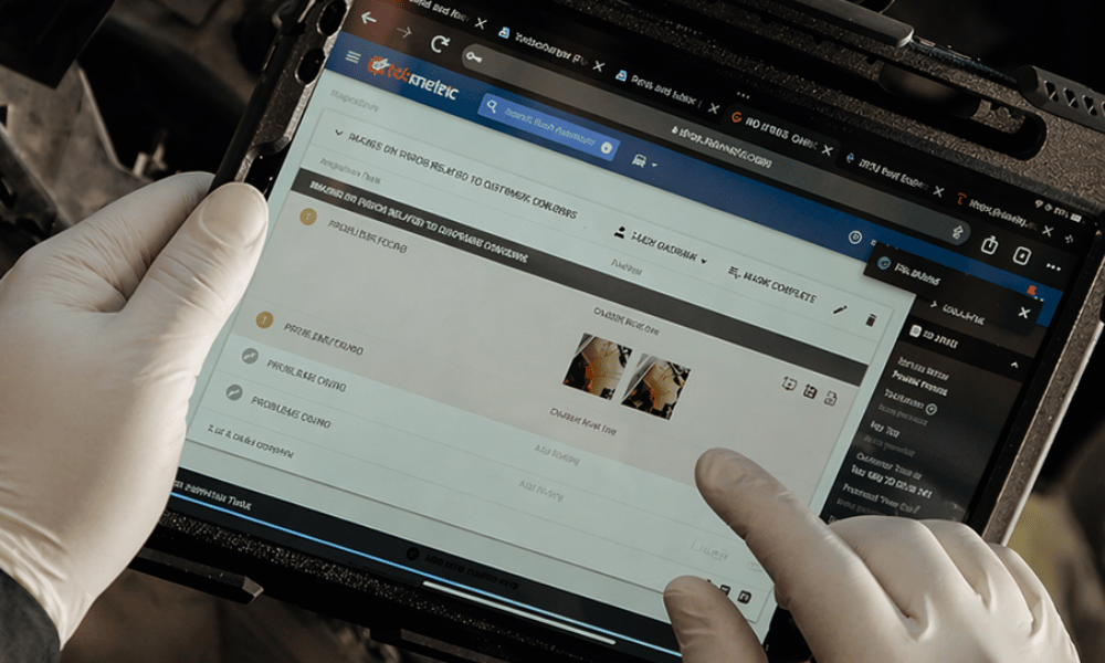Technician using tablet for digital vehicle inspection report