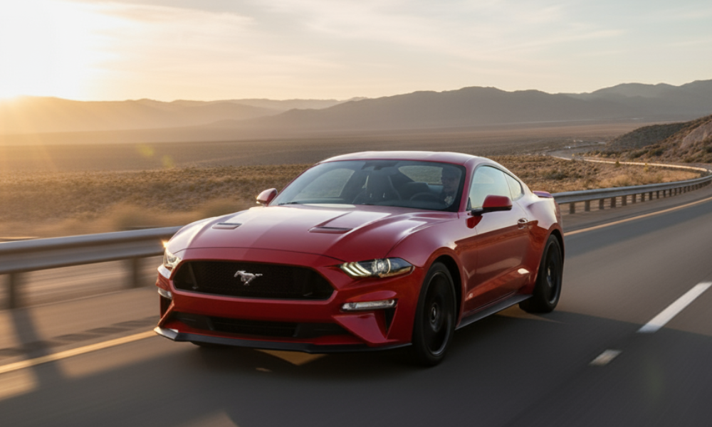 Ford sedan driving on highway at sunset