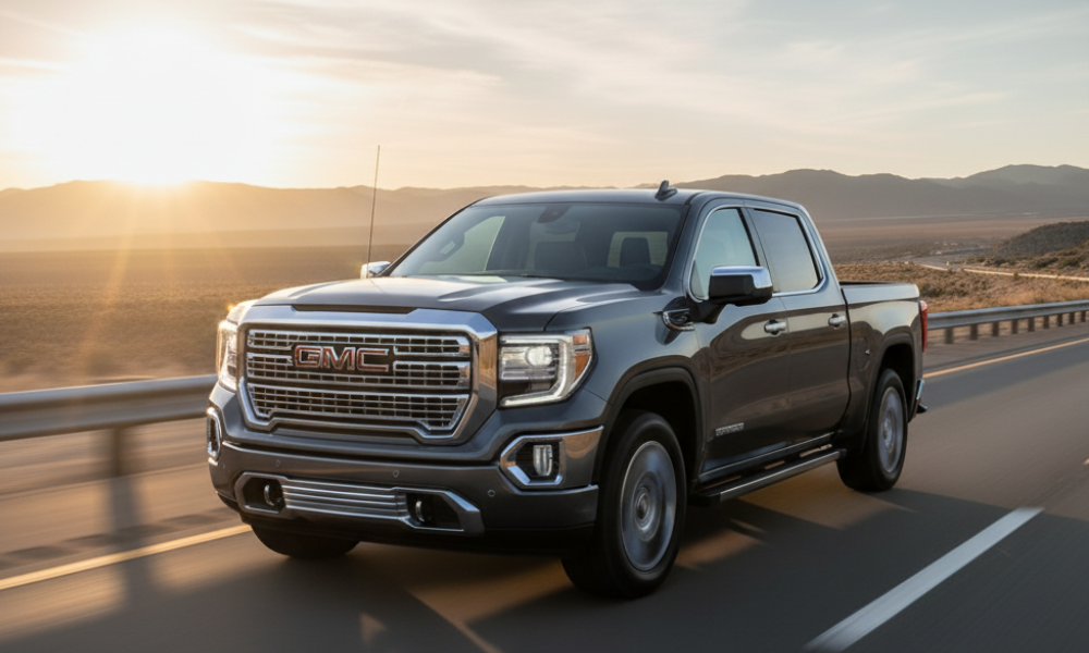 GMC pickup truck driving on highway at sunset