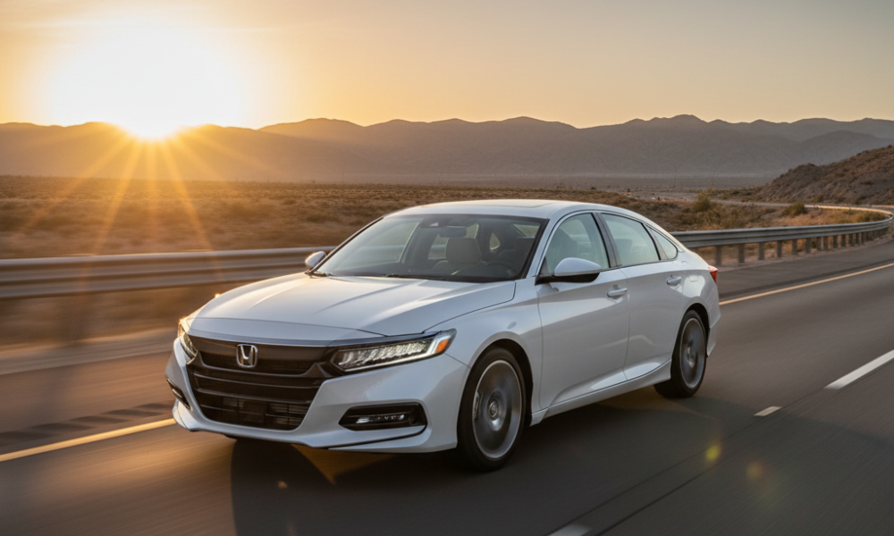 Honda sedan driving on highway at sunset