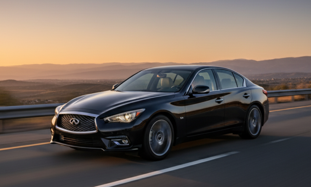 Infiniti sedan driving on highway at sunset