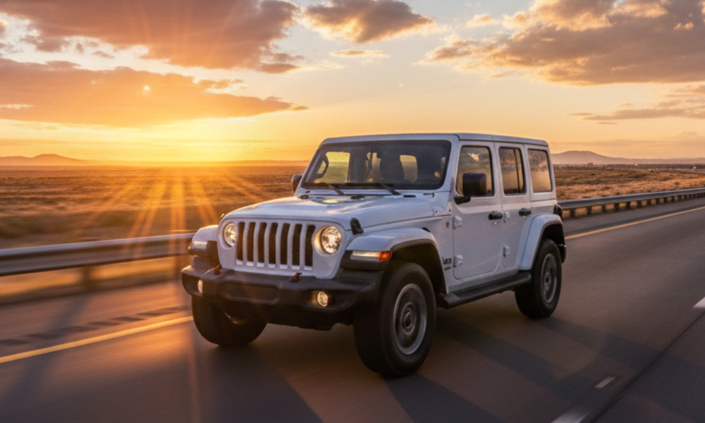 Jeep Wrangler SUV driving on highway at sunset