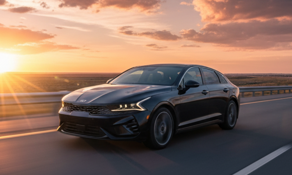 Kia sedan driving on highway at sunset