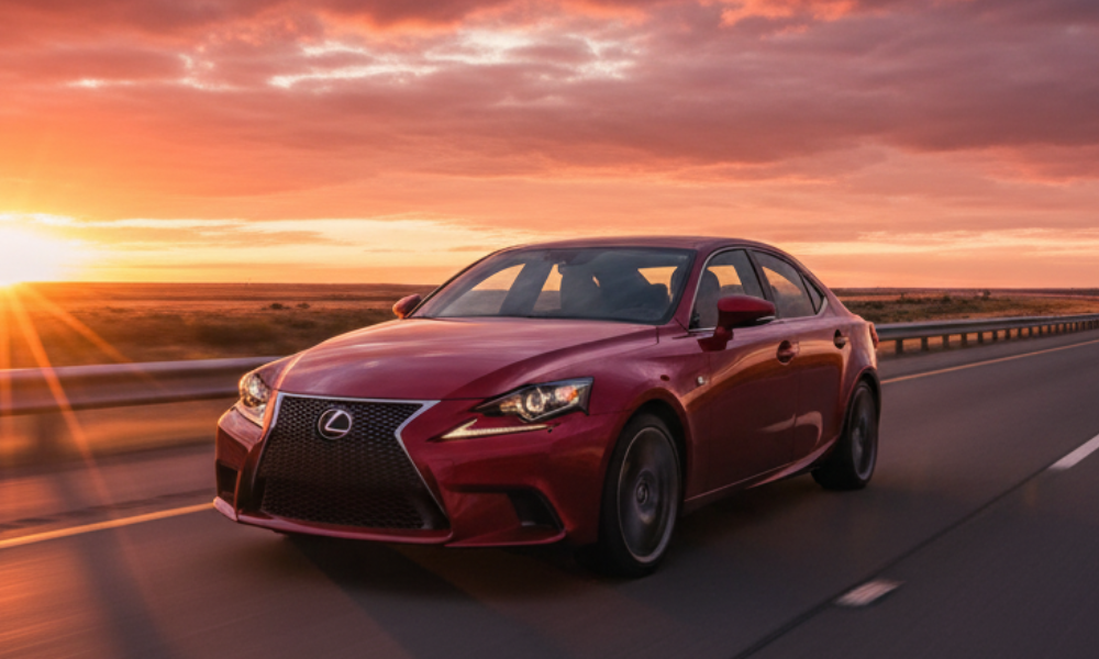 Lexus sedan driving on highway at sunset
