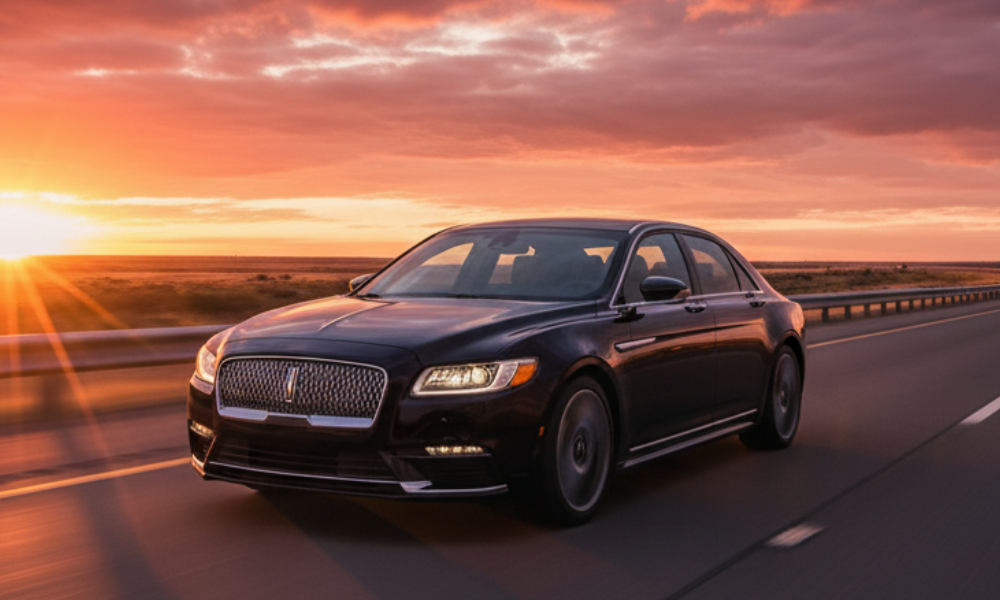 Lincoln sedan driving on highway at sunset