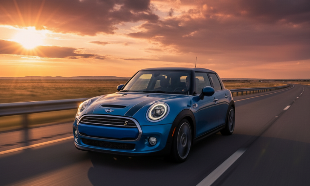MINI Cooper hatchback driving on highway at sunset